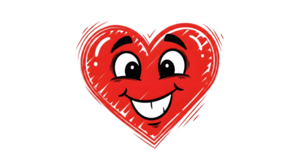 Cartoon heart character with a happy expression isolated on transparent background, conveying love, joy, and positive emotions in a playful design