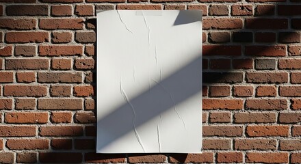 Blank white poster on a brick wall with sunlight