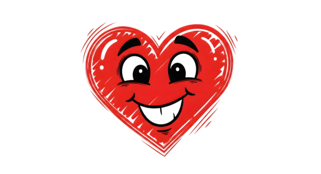 Cartoon heart character with a happy expression isolated on transparent background, conveying love, joy, and positive emotions in a playful design