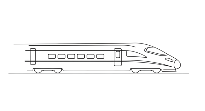 Sleek highspeed train outline isolated on transparent background, representing modern transportation, speed, and efficiency in a minimalist design