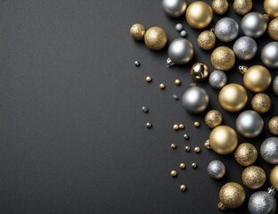 Christmas ornaments in gold and silver on a dark gray background