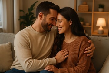 Obraz premium Happy couple embracing at home showing intimacy and love
