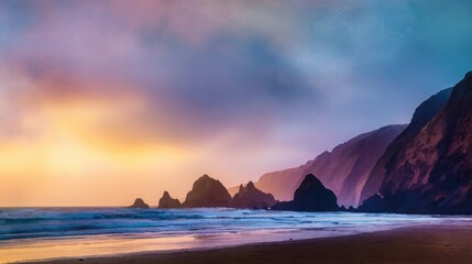 Obraz premium Serene coastal landscape at sunset with rocky formations and gentle waves under a colorful sky