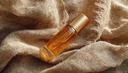 Golden perfume bottle on burlap, angled, light hitting glass, aesthetic vibe