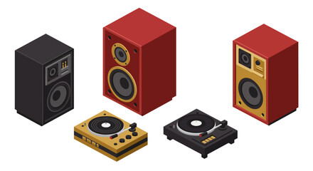 Isometric audio set with speakers and turntables in retro style