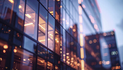 Abstract bokeh city office facade – dynamic diagonal glass architecture for tech, fintech and innovation branding