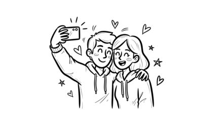 Charming couple taking a selfie isolated on transparent background, perfect for friendship, love, technology, and social media themed designs and illustrations