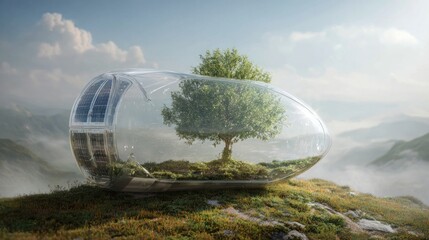 A tree grows inside a futuristic capsule, symbolizing environmental protection and sustainable living in a changing world