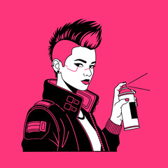 Illustration of a woman with a mohawk holding a spray paint can, in a cyberpunk style.