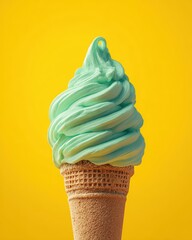 Swirled Mint Soft Serve Ice Cream Cone Against Vibrant Yellow Background