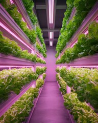 Symmetrical aisle in a vertical farm with green lettuce growing on shelves under pink LED lights.