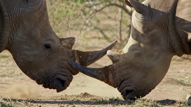 Two white rhinos face each other in the wild. Wildlife shot focusing on rhino horns, animal, and nature conservation in natural habitat.