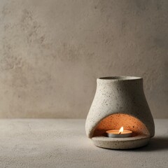 Textured ceramic essential oil diffuser with a lit tea light candle, creating a warm glow