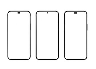 Set of three smartphone mockups with blank white screens, front view, isolated on transparent background