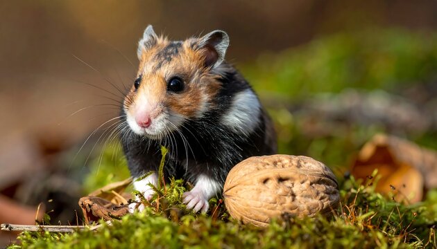 Cute hamster on moss with nut
