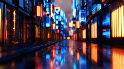 Vibrant neon-lit street at dusk, reflecting colorful lights on wet pavement, creating an urban atmosphere