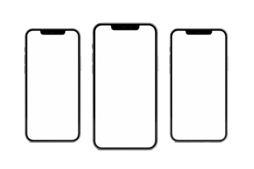 Set of three smartphone mockups with blank white screens, front view, isolated on transparent background
