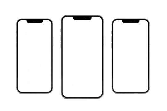 Set of three smartphone mockups with blank white screens, front view, isolated on transparent background