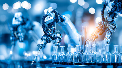 Robotic arms conducting laboratory experiments with test tubes in a high-tech research environment