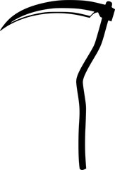 Black silhouette of a scythe with curved blade, minimalistic icon. Vector illustration