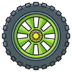 Fototapeta premium Cartoon illustration of a green monster truck wheel with a rugged off road tire