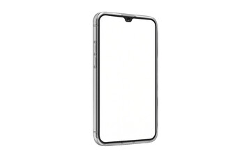 Angled view smartphone mockup with blank white screen, isolated on transparent background