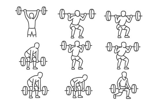 Barbell Lift Icons. Line style icons of common barbell lifts: overhead press, back squat, front squat, deadlift, push press, push