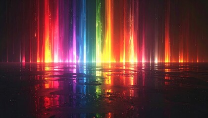 Abstract rainbow pillars reflecting on wet floor