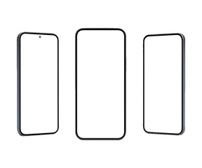 Three smartphone mockups with blank white screens, front and side views, isolated on transparent background