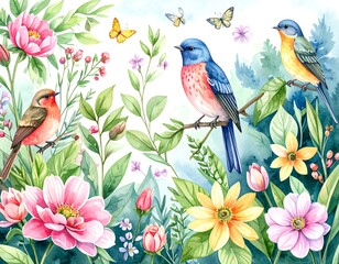 Watercolor floral illustration with birds