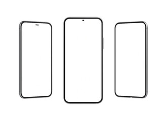 Set of three smartphone mockups with blank white screens, isolated on transparent background
