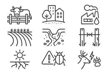 Rewilding Challenges Icons. Line style icons of rewilding challenges: livestock barrier, urban edge, pollution source, monoculture