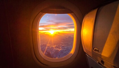A fiery sunset viewed from an airplane window above the clouds