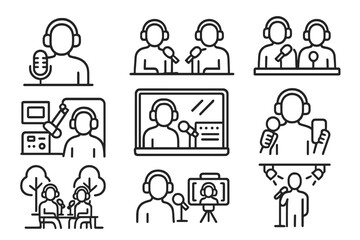 Podcast Recording Icons. Line style icons of podcast recording scenes: person at mic, duo discussion, panel setup, home studio,