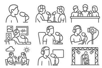 Podcast Recording Icons. Line style icons of podcast recording scenes: person at mic, duo discussion, panel setup, home studio,