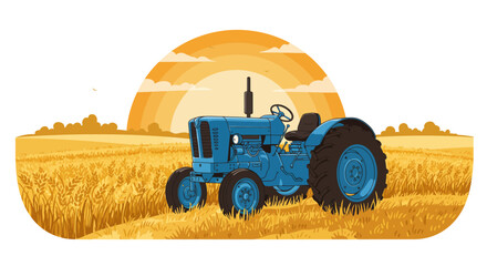 Blue tractor in golden wheat field at sunrise
