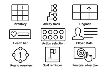 Line Style Game Dashboards. Line style icons of player boards and dashboards: inventory grid, ability track, upgrade section,