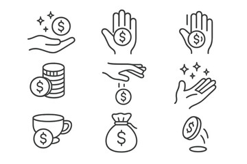 Obraz premium Coin Magic Icons. Line style icons of coin magic: coin vanish, coin palm, coin through hand, stack of coins, coin drop, sleight