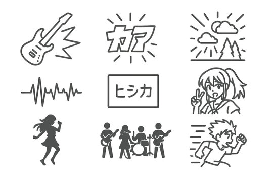 Anime Opening Icons. Line style icons of anime opening themes: guitar riff, animated logo, visual teaser, beat sync, lyric overlay
