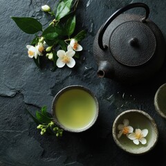 Traditional tea ceremony with a black iron teapot, green tea, and jasmine flowers on a dark slate.
