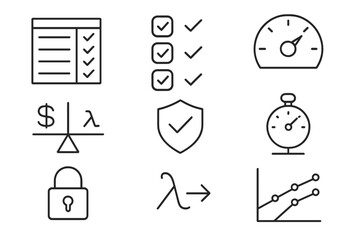 Fototapeta premium Serverless Platform Icons. Line style icons of serverless platform comparison: feature table, checkboxes, performance dial, cost