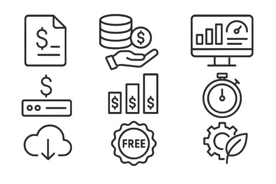 Serverless Cost Optimization. Line style icons of serverless cost optimization: billing icon, pay-per-execution, usage dashboard,