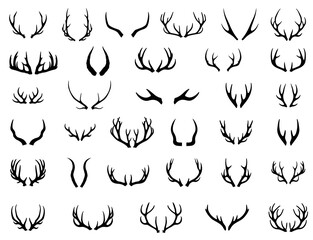Set of animal antlers and horns, black silhouette flat isolated vector illustrations