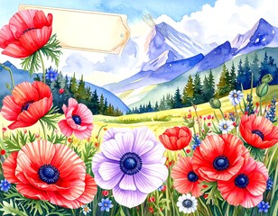 Watercolor floral landscape with mountains