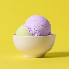 Two Scoops of Ice Cream in a Bowl, Yellow Background.