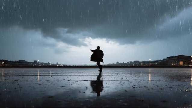 Man dancing joyfully in the rain under dark stormy sky  