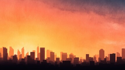 Fototapeta premium Vibrant sunset over a city skyline, casting colorful hues on the buildings and creating a serene atmosphere
