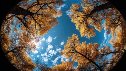 Majestic yellow tree canopy reaches for a brilliant blue sky with fluffy clouds