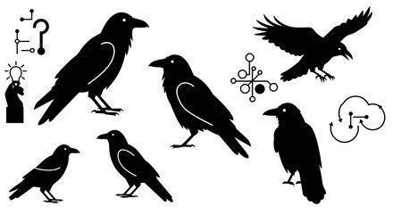 Obraz premium Mysterious black ravens and occult symbols set silhouettes for gothic designs and dark art themes