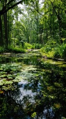Lush pond with lily pads, trees, and reflections. Sunlight dappled